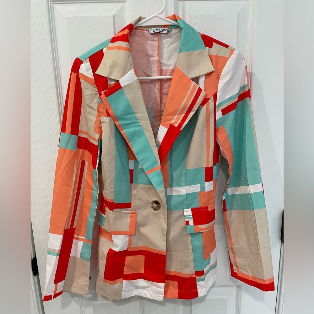 GLAMAKER Vintage Geometric One Button Blue Red Orange Colorblock Blazer Size S